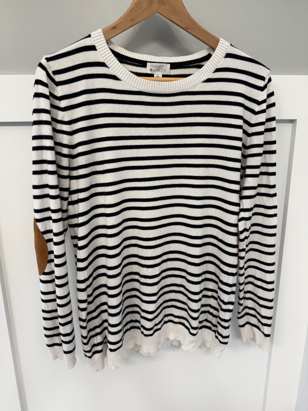 Market & Spruce Black and White Striped Long Sleeve Top with Brown Elbow Patches